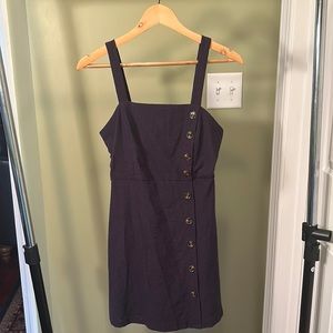 navy blue overall dress button detail on side